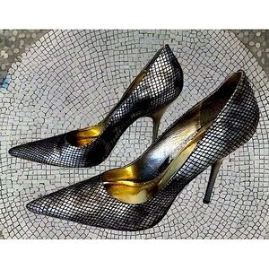 🪩CARLOS🪩 (EXUDE) SNAKE PRINT LEATHER SOLE 4 3/4” HEEL METALLIC POWER PUMPS EUC
